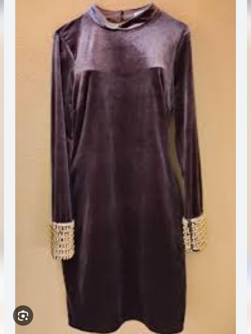 Velvet Long-Sleeve Shift Dress with Embellished Cuffs - Deep Plum